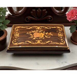 Vintage Wood Inlay Jewelry/Music Box. LADOR Swiss Musical Movement